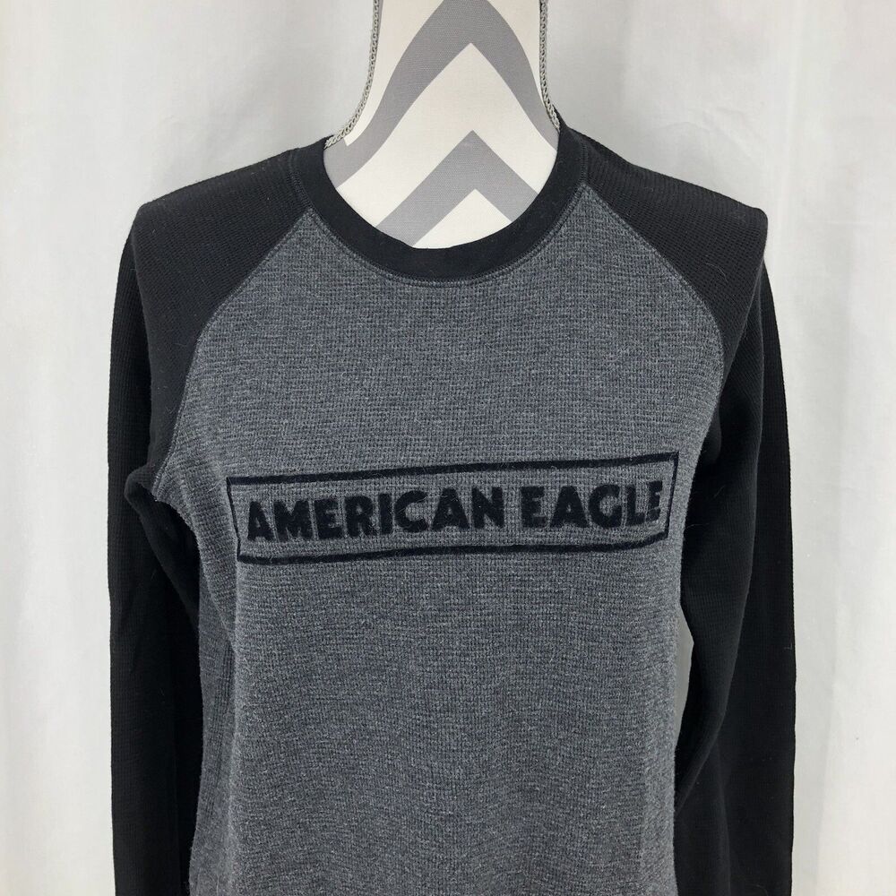 American Eagle AE Spellout Long Raglan Sleeve Waffle Thermal Gray Black XS